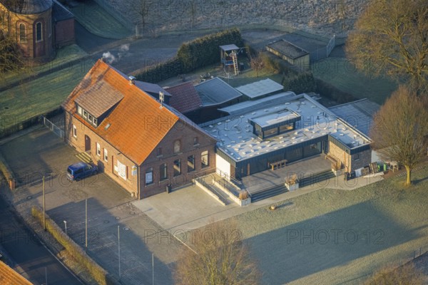 Aerial view, shooting hall St. Hubertus Schützenbruderschaft Süddinker 1826 e.V., district of Rhynern, Hamm, Ruhr area, North Rhine-Westphalia, Germany
