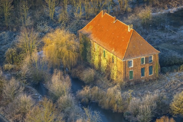 Aerial view, Haus Hohenover, historical landmark with plant growth on the house wall and red roof tiles, castle and manor on the river Ahse wetland between Norddinker and Süddinker, Uentrop, Hamm, Ruhr area, North Rhine-Westphalia, Germany