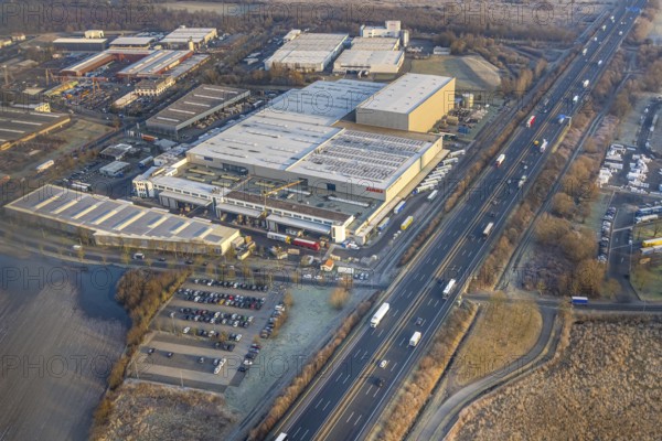 Aerial view, Siegenbeckstraße industrial estate on the A2 motorway, planned motorway junction, Klass Service und Parts logistics centre with open space, Uentrop, Hamm, Ruhr area, North Rhine-Westphalia, Germany