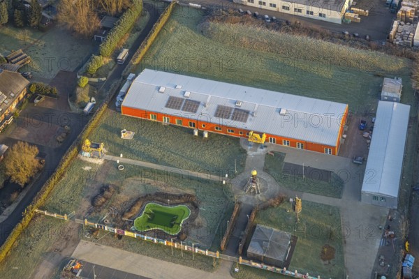 Aerial view, Hindu temple complex, new water basin pool for holy baths, Hindu community in Germany, K.d.ö.R., Uentrop, Hamm, Ruhr area, North Rhine-Westphalia, Germany