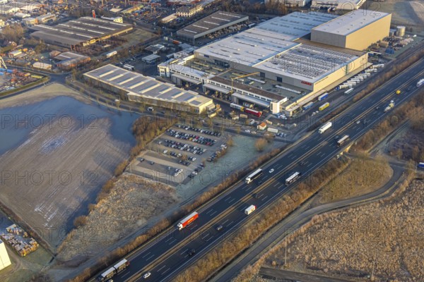 Aerial view, Siegenbeckstraße industrial estate on the A2 motorway, planned motorway junction, Klass Service und Parts logistics centre with open space, Uentrop, Hamm, Ruhr area, North Rhine-Westphalia, Germany