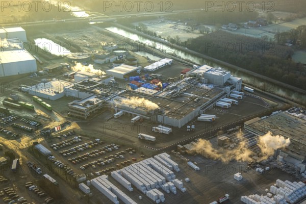 Aerial view, Hindu temple complex, new water basin pool for holy baths, Hindu community in Germany, K.d.ö.R., Uentrop, Hamm, Ruhr area, North Rhine-Westphalia, Germany