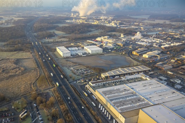Aerial view, Siegenbeckstraße industrial estate on the A2 motorway, planned motorway junction, cold store factory building, cold store and open space, Uentrop, Hamm, Ruhr area, North Rhine-Westphalia, Germany