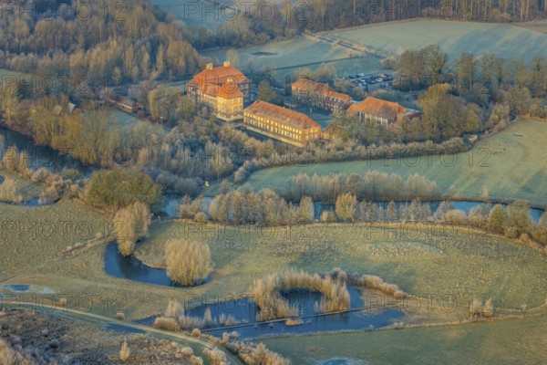 Aerial view, Schloss Oberwerries moated castle in the Lippe floodplains, educational centre and meeting place, Heessen district, Hamm, Ruhr area, North Rhine-Westphalia, Germany