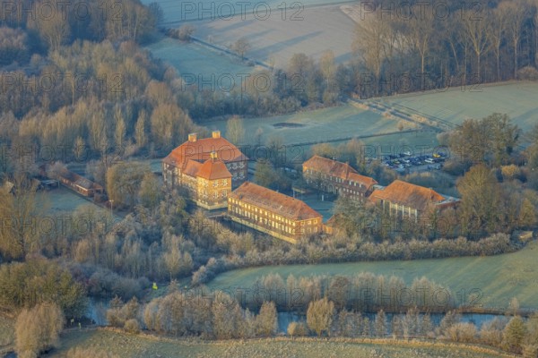 Aerial view, Schloss Oberwerries moated castle in the Lippe floodplains, educational centre and meeting place, Heessen district, Hamm, Ruhr area, North Rhine-Westphalia, Germany
