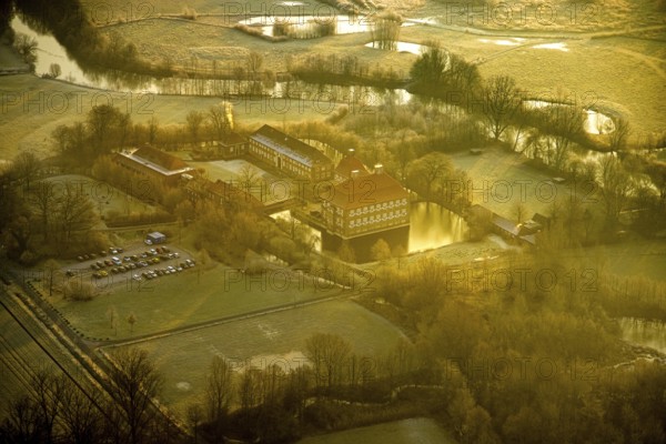 Aerial view, Schloss Oberwerries moated castle in the Lippe floodplains, educational centre and meeting place, Heessen district, Hamm, Ruhr area, North Rhine-Westphalia, Germany