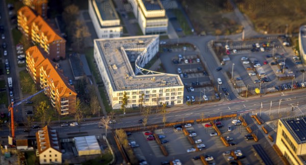 ATTENTION Photos with partial blurring created by tilt technique on the lens side, aerial view, SCI:Q Science Quarter Paracelsuspark, Sci:Q Campusliving, ZFSL Hamm, centre, Hamm, Ruhr area, North Rhine-Westphalia, Germany