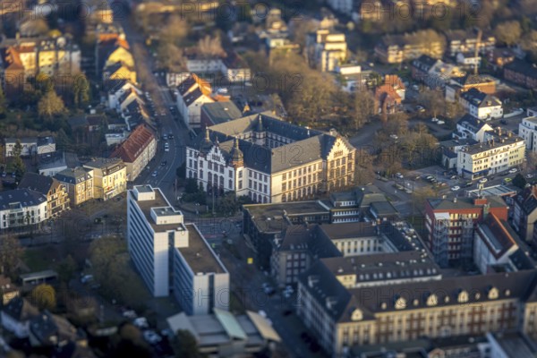 ATTENTION Photos with partial blurring created by tilt technique on the lens side, aerial view, town hall and citizens' office, centre, Hamm, Ruhr area, North Rhine-Westphalia, Germany