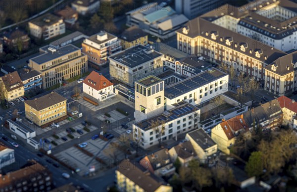 ATTENTION Photos with partial blurring created by tilt technique on the lens side, aerial view, Goethestraße corner Hohe Straße and Volksbank, centre, Hamm, Ruhr area, North Rhine-Westphalia, Germany