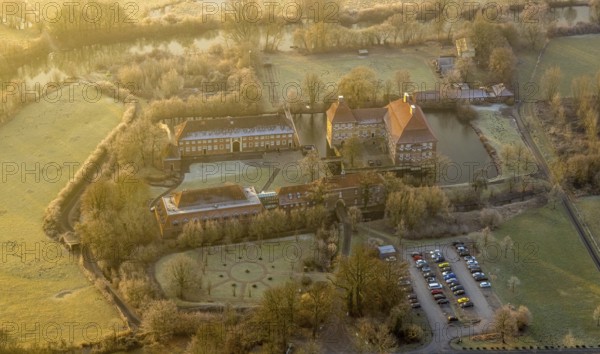 Aerial view, Schloss Oberwerries moated castle in the Lippe floodplains, educational centre and meeting place, Heessen district, Hamm, Ruhr area, North Rhine-Westphalia, Germany