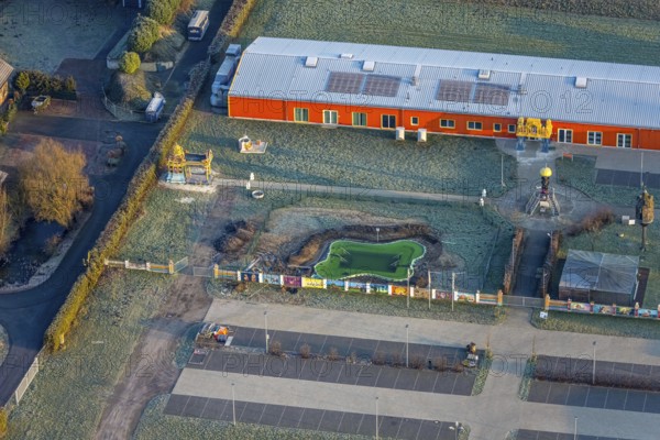 Aerial view, Hindu temple complex, new water basin pool for holy baths, Hindu community in Germany, K.d.ö.R., Uentrop, Hamm, Ruhr area, North Rhine-Westphalia, Germany