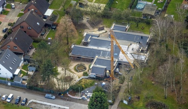Aerial view, Arche Noah Herringen day care centre construction site, Herringen district, Hamm, Ruhr area, North Rhine-Westphalia, Germany