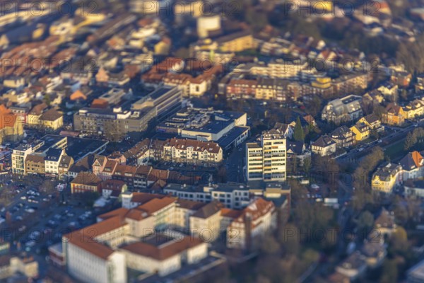 ATTENTION Photos with partial blurring created by tilt technique on the lens side, aerial view, city centre with university building high-rise Ostenwall, in front the St. Marien-Hospital Hamm, centre, Hamm, Ruhr area, North Rhine-Westphalia, Germany