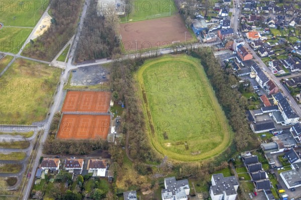 Aerial view, sports ground Glück-Auf-Stadion and tennis courts Tennisclub Herringen 1956 e. V. am Lippepark, district Herringen, Hamm, Ruhr area, North Rhine-Westphalia, Germany