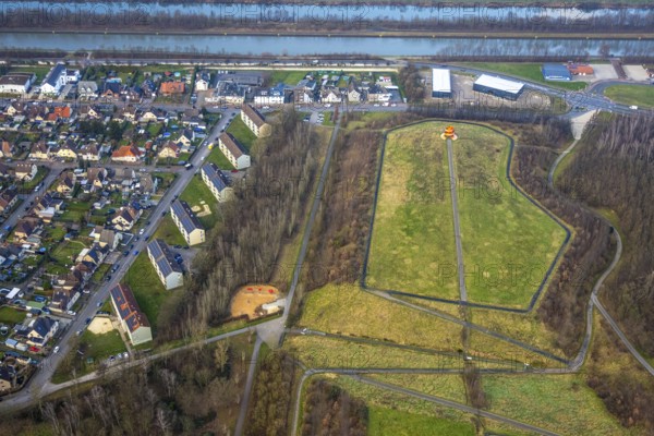 Aerial view, slag heap sign in Lippepark, Datteln-Hamm Canal, Herringen district, Hamm, Ruhr area, North Rhine-Westphalia, Germany