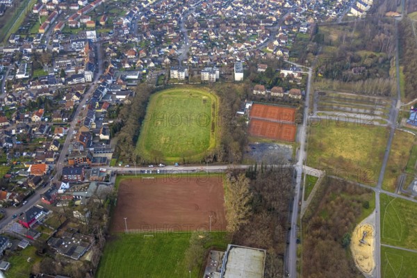 Aerial view, sports ground Glück-Auf-Stadion and tennis courts Tennisclub Herringen 1956 e. V., district Herringen, Hamm, Ruhr area, North Rhine-Westphalia, Germany