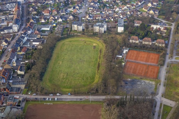 Aerial view, sports ground Glück-Auf-Stadion and tennis courts Tennisclub Herringen 1956 e. V., district Herringen, Hamm, Ruhr area, North Rhine-Westphalia, Germany