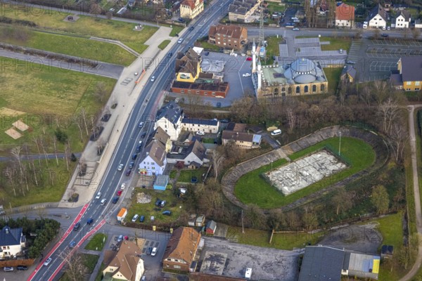Aerial view, DitiB Ulu Camii Mosque and Barbara Stadium Dortmunder Straße, Herringen district, Hamm, Ruhr area, North Rhine-Westphalia, Germany