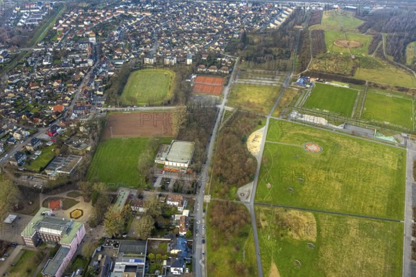 Aerial view, Lippepark, Glück-Auf-Stadion sports ground and tennis courts Tennisclub Herringen 1956 e. V., Herringen district, Hamm, Ruhr area, North Rhine-Westphalia, Germany