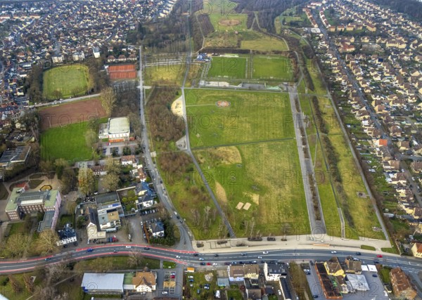 Aerial view, Lippepark, Glück-Auf-Stadion sports ground and tennis courts Tennisclub Herringen 1956 e. V., Herringen district, Hamm, Ruhr area, North Rhine-Westphalia, Germany