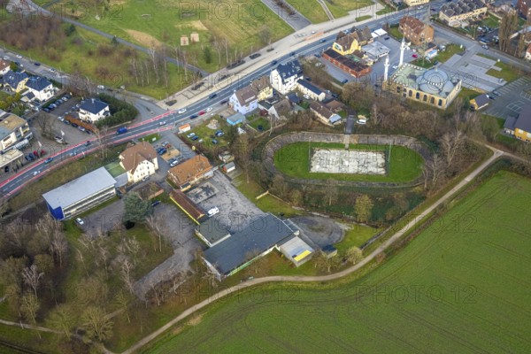 Aerial view, DitiB Ulu Camii Mosque and Barbara Stadium Dortmunder Straße, Herringen district, Hamm, Ruhr area, North Rhine-Westphalia, Germany
