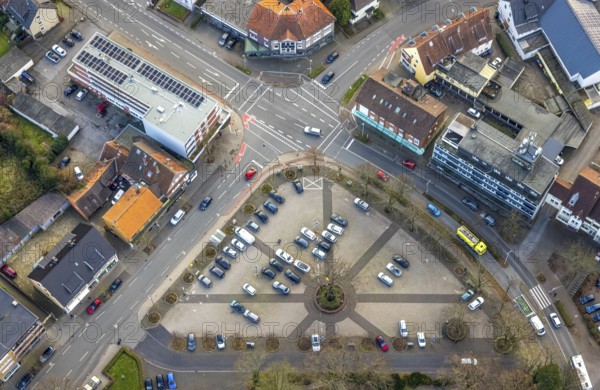 Aerial view, Protestant St. Victor's Church, construction site with new building and car park Herringer Markt, Herringer Heide, Herringen district, Hamm, Ruhr area, North Rhine-Westphalia, Germany