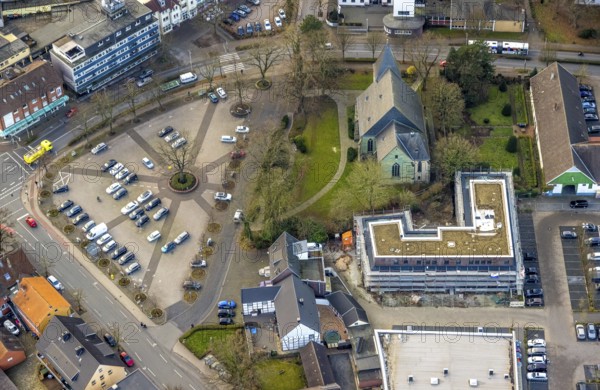 Aerial view, Protestant St. Victor's Church, construction site with new building and car park Herringer Markt, Herringer Heide, Herringen district, Hamm, Ruhr area, North Rhine-Westphalia, Germany