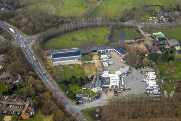 Aerial view, Blüggel GmbH & Co. KG Spedition und Kfz.-Reparaturen, Herringen district, Hamm, Ruhr area, North Rhine-Westphalia, Germany