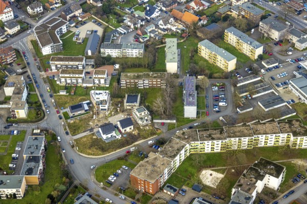 Aerial view, construction site with new housing estate Waldenburger Straße corner Königsberger Straße, district Herringen, Hamm, Ruhr area, North Rhine-Westphalia, Germany