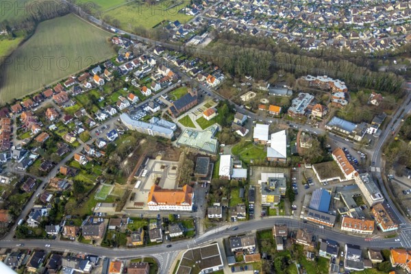 Aerial view, Herringen centre, Holzstraße residential area with Heilig Kreuz Catholic Church, St. Josef Caritas retirement home and Lessing School, Herringen district, Hamm, Ruhr area, North Rhine-Westphalia, Germany