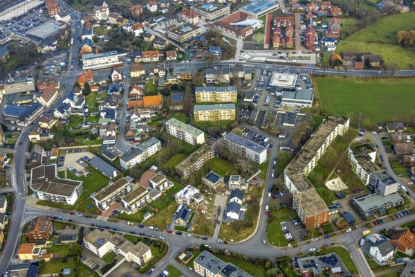 Aerial view, construction site with new housing estate Waldenburger Straße corner Königsberger Straße, district Herringen, Hamm, Ruhr area, North Rhine-Westphalia, Germany