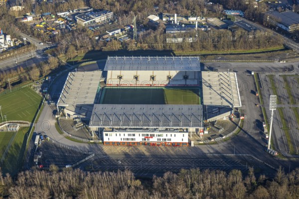 Aerial view, football stadium at the Hafenstraße of the club Rot-Weiß Essen, 3rd Bundesliga, Essen-Borbeck, stands, Essen, Ruhr area, North Rhine-Westphalia, Germany