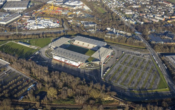 Aerial view, football stadium at the Hafenstraße of the club Rot-Weiß Essen, 3rd Bundesliga, Essen-Borbeck, stands, Essen, Ruhr area, North Rhine-Westphalia, Germany