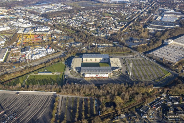 Aerial view, football stadium at the Hafenstraße of the club Rot-Weiß Essen, 3rd Bundesliga, Essen-Borbeck, stands, Essen, Ruhr area, North Rhine-Westphalia, Germany