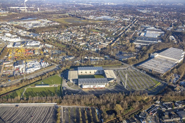 Aerial view, football stadium at the Hafenstraße of the club Rot-Weiß Essen, 3rd Bundesliga, Essen-Borbeck, stands, Essen, Ruhr area, North Rhine-Westphalia, Germany
