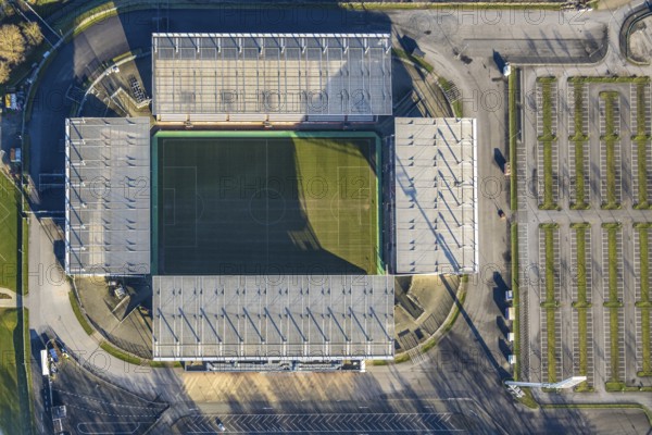 Aerial view, football stadium at the Hafenstraße of the club Rot-Weiß Essen, 3rd Bundesliga, Essen-Borbeck, stands, Essen, Ruhr area, North Rhine-Westphalia, Germany