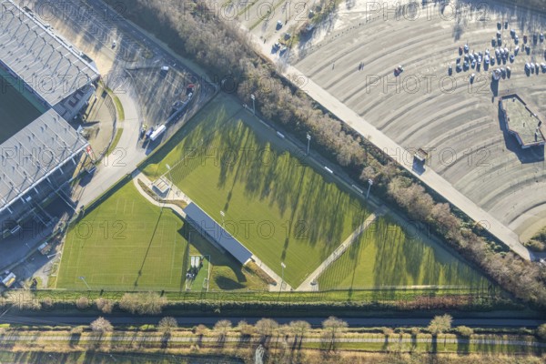 Aerial view, football stadium at the Hafenstraße of the club Rot-Weiß Essen, 3rd Bundesliga, Essen-Borbeck, stands, Essen, Ruhr area, North Rhine-Westphalia, Germany