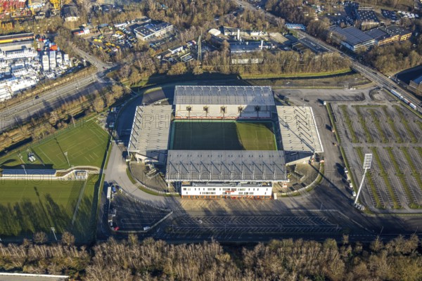 Aerial view, football stadium at the Hafenstraße of the club Rot-Weiß Essen, 3rd Bundesliga, Essen-Borbeck, stands, Essen, Ruhr area, North Rhine-Westphalia, Germany