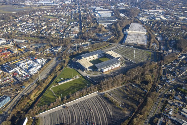 Aerial view, football stadium at the Hafenstraße of the club Rot-Weiß Essen, 3rd Bundesliga, Essen-Borbeck, stands, Essen, Ruhr area, North Rhine-Westphalia, Germany