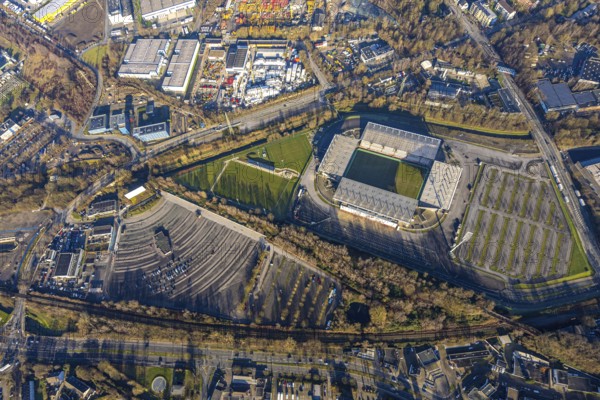 Aerial view, football stadium at the Hafenstraße of the club Rot-Weiß Essen, 3rd Bundesliga, Essen-Borbeck, stands, Essen, Ruhr area, North Rhine-Westphalia, Germany