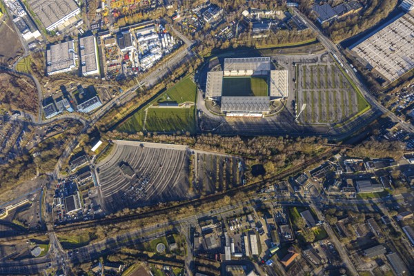 Aerial view, football stadium at the Hafenstraße of the club Rot-Weiß Essen, 3rd Bundesliga, Essen-Borbeck, stands, Essen, Ruhr area, North Rhine-Westphalia, Germany