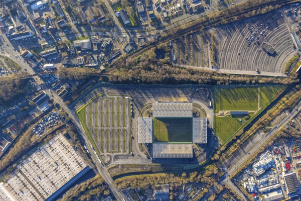 Aerial view, football stadium at the Hafenstraße of the club Rot-Weiß Essen, 3rd Bundesliga, Essen-Borbeck, stands, Essen, Ruhr area, North Rhine-Westphalia, Germany