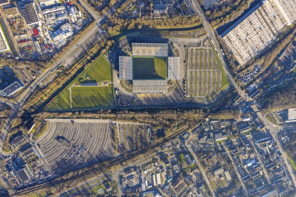 Aerial view, football stadium at the Hafenstraße of the club Rot-Weiß Essen, 3rd Bundesliga, Essen-Borbeck, stands, Essen, Ruhr area, North Rhine-Westphalia, Germany