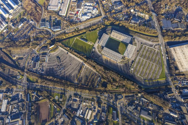 Aerial view, football stadium at the Hafenstraße of the club Rot-Weiß Essen, 3rd Bundesliga, Essen-Borbeck, stands, Essen, Ruhr area, North Rhine-Westphalia, Germany