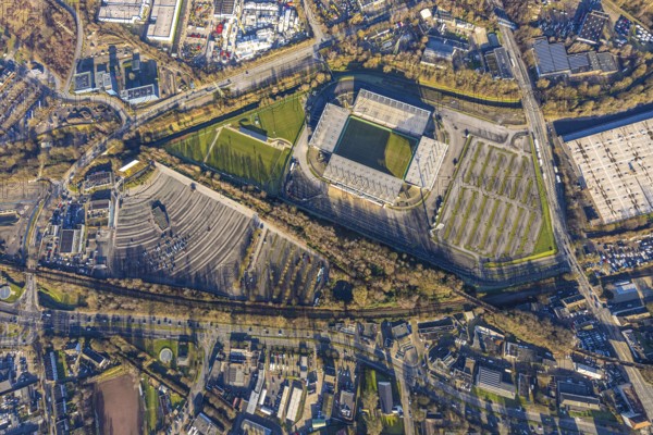 Aerial view, football stadium at the Hafenstraße of the club Rot-Weiß Essen, 3rd Bundesliga, Essen-Borbeck, stands, Essen, Ruhr area, North Rhine-Westphalia, Germany