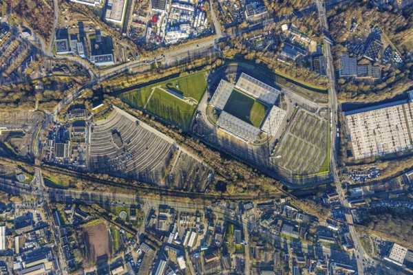 Aerial view, football stadium at the Hafenstraße of the club Rot-Weiß Essen, 3rd Bundesliga, Essen-Borbeck, stands, Essen, Ruhr area, North Rhine-Westphalia, Germany