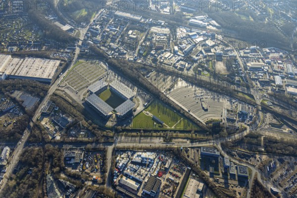 Aerial view, football stadium at the Hafenstraße of the club Rot-Weiß Essen, 3rd Bundesliga, Essen-Borbeck, stands, Essen, Ruhr area, North Rhine-Westphalia, Germany