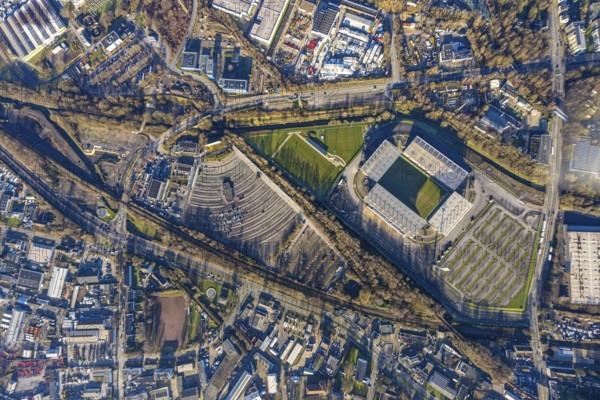 Aerial view, football stadium at the Hafenstraße of the club Rot-Weiß Essen, 3rd Bundesliga, Essen-Borbeck, stands, Essen, Ruhr area, North Rhine-Westphalia, Germany