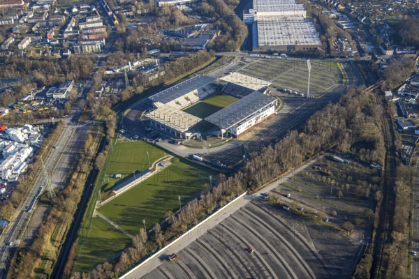 Aerial view, football stadium at the Hafenstraße of the club Rot-Weiß Essen, 3rd Bundesliga, Essen-Borbeck, stands, Essen, Ruhr area, North Rhine-Westphalia, Germany