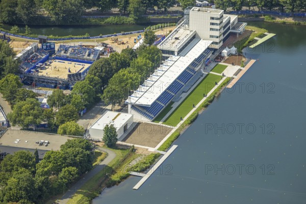 Aerial view, modernisation regatta house and grandstand at the regatta course, Neudorf, Duisburg, Ruhr area, North Rhine-Westphalia, Germany, architecture, area, construction work, construction site, building materials, DE, drone photography, development, renewal, Europe, river, progress, leisure facility, building, scaffolding, infrastructure, construction, landscape, aerial view, aerial photography, aerial photography, modernisation, panorama, perspective, planning, regatta course, regatta house, sports facility, sports events, city, structure, grandstand, overview, bird's eye view, birds-eyes view, overview, urban environment